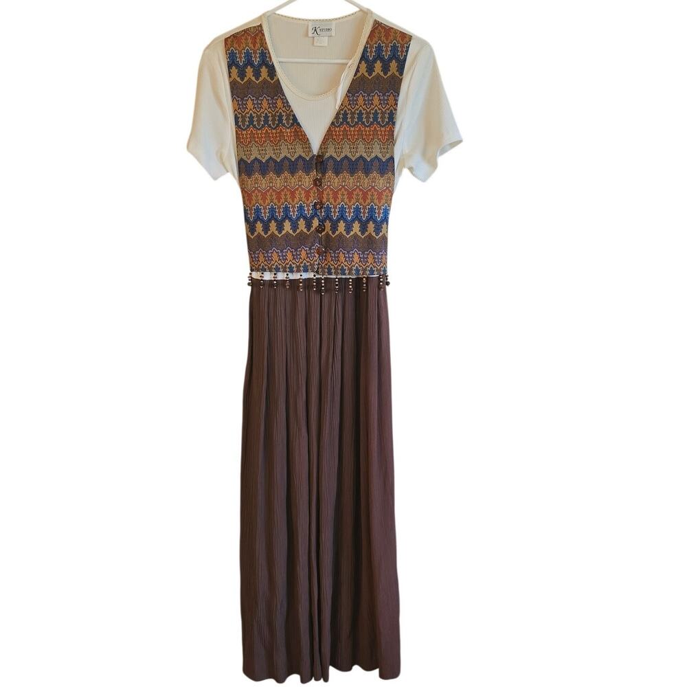 Vintage K Studio western style beaded fringe modest maxi dress size 12
